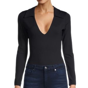 Susanna Monaco Collared Bodysuit - black long sleeve- thong in back